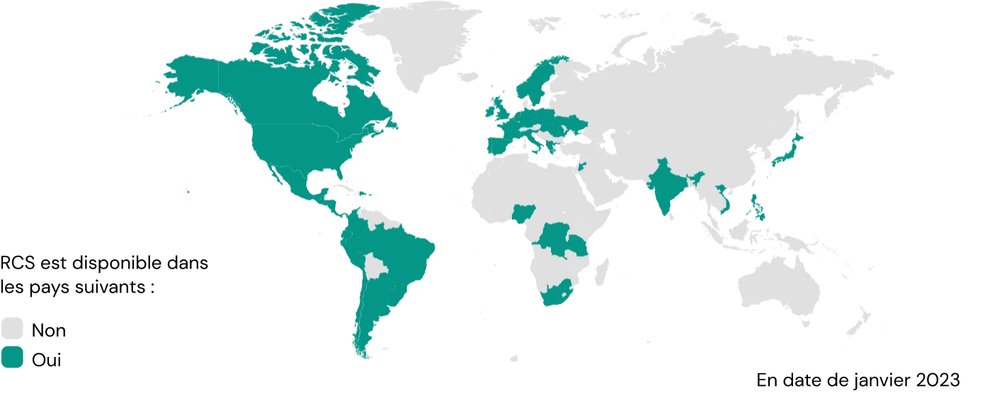 Carte du monde mettant en évidence les pays ayant une couverture complète ou partielle de RCS.