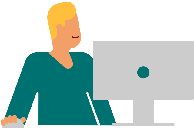 Illustration of person sitting in front of computer and smiling