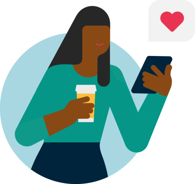 illustration of girl on mobile phone with heart icon holding coffee