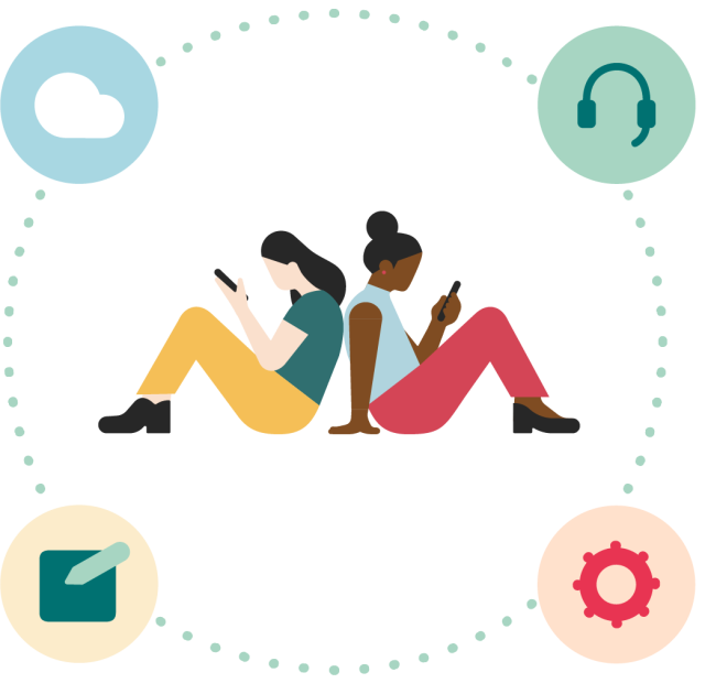 illustration of two girls on mobile phones with comms icons