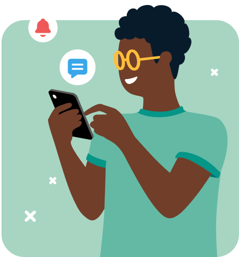 illustration of man on phone with sms icons 