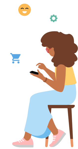 Girl sitting on stool looking at her mobile phone with icons floating around her